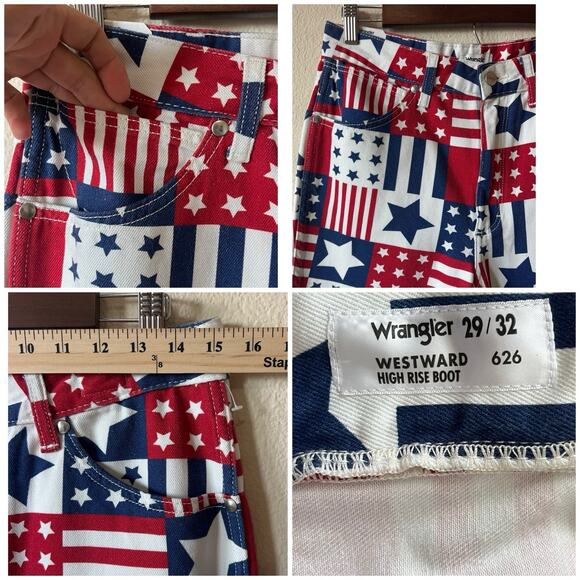 NWT Wrangler Hig Rise Boot Retro American Flag Patchwork Flare Pants 29/32 - Picture 12 of 16